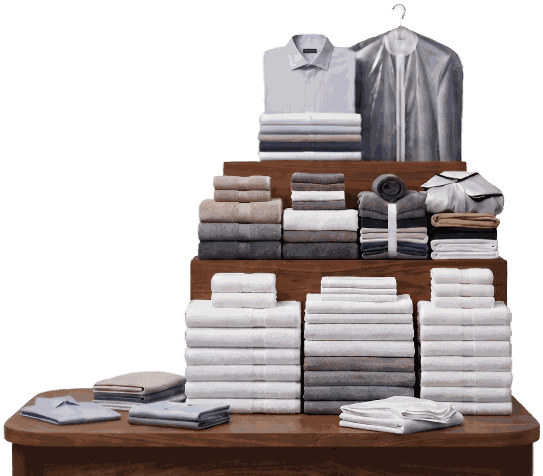 A wooden display table stacked with neatly folded towels, sheets and pressed shirts and a garment bag on a rail